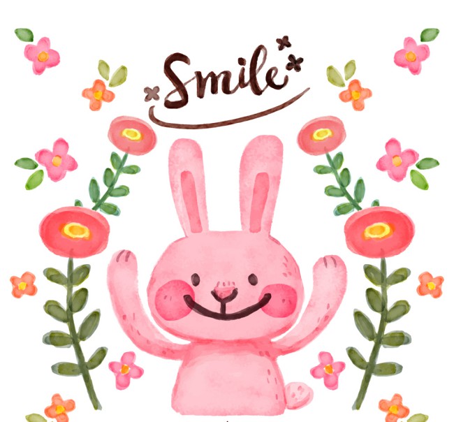 水彩绘粉色兔子和花卉矢量图16素材网精选