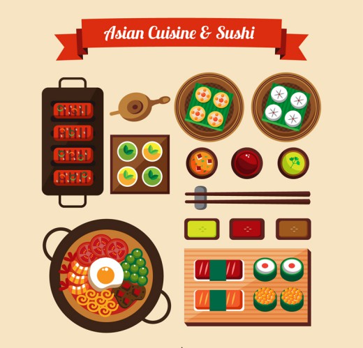 14款美味亚洲菜品和寿司矢量图素材