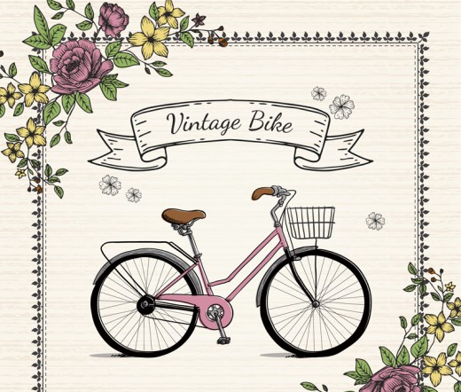 复古彩绘单车和花卉矢量素材16素材网精选