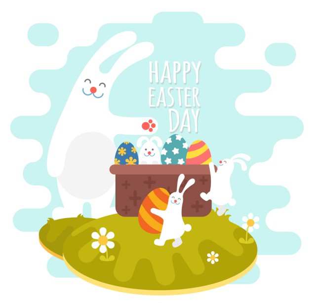 卡通大白兔和彩蛋篮子矢量图素材中国网精选
