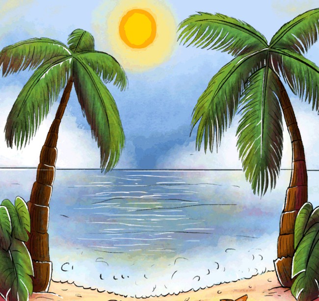 彩绘大海和棕榈树风景矢量图16图库网精选