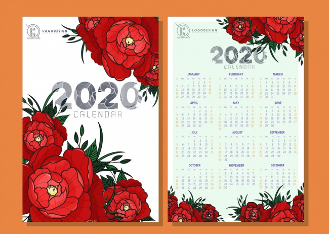 2020年红色花卉年历正反面矢量图16
