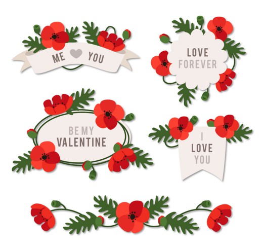 5款情人节红色花卉标签矢量图素材