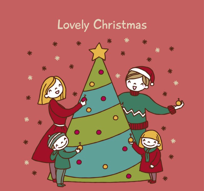 彩绘圣诞树和四口之家矢量图普贤居素材网精选