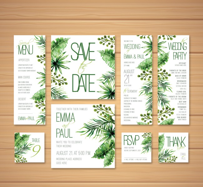 8款手绘绿叶婚礼卡片矢量素材16设计网精选