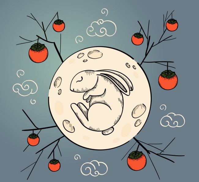 彩绘月亮兔子和柿子矢量素材16素材网精选