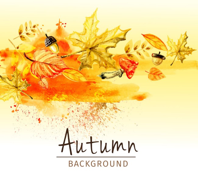 水彩绘秋季树叶和蘑菇矢量素材16素材网精选