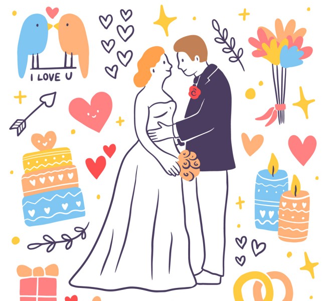 彩绘幸福婚礼新人矢量素材16素材网精选