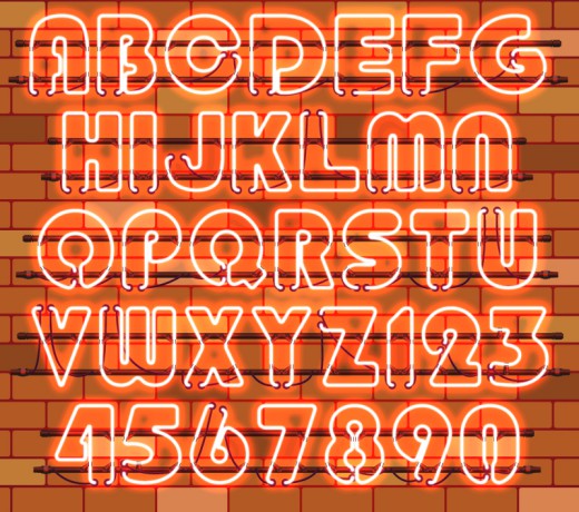 36个橙色霓虹灯字母和数字矢量素材普贤居素材网精选