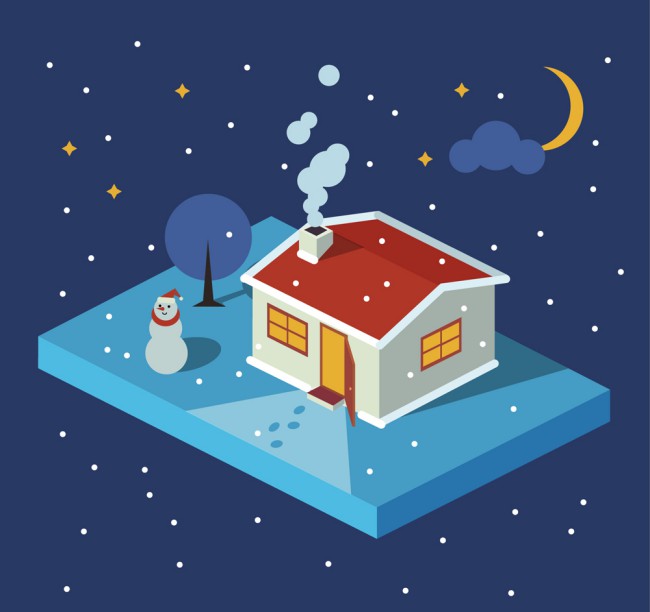 立体冬季夜晚房屋和雪人矢量素材16素材网精选