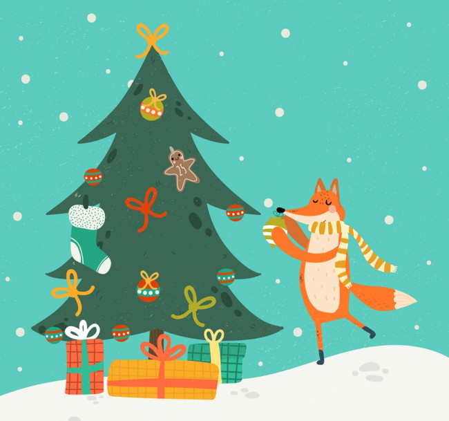 彩绘装扮圣诞树的狐狸矢量图16素材网精选