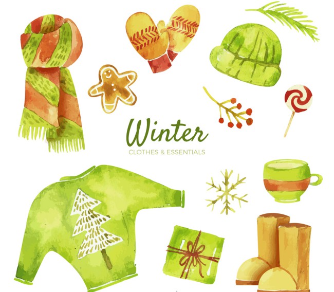 12款水彩绘绿色冬季物品矢量素材素材中国网精选