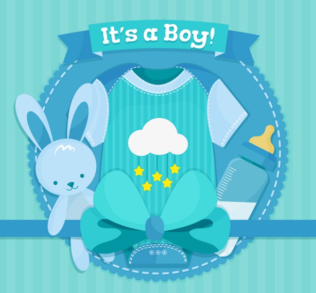 蓝色婴儿爬服和兔子玩偶矢量图普贤居素材网精选
