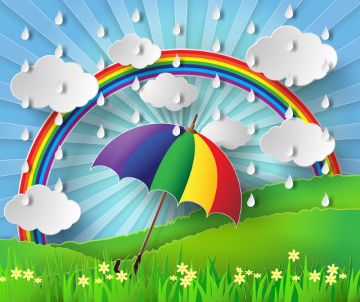 雨季雨伞与彩虹剪贴画矢量素材素材