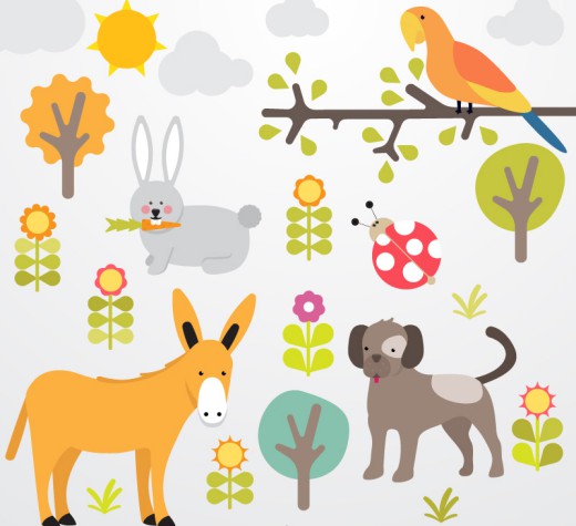卡通植物与动物插画矢量图16设计网