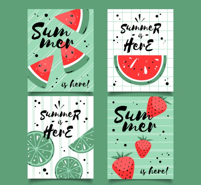 4款创意夏季西瓜和柠檬草莓卡片矢量图普贤居素材网精选