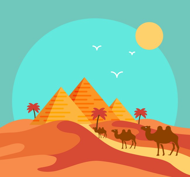 美丽沙漠金字塔和骆驼风景矢量素材16图库网精选