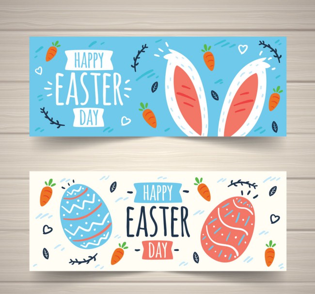 2款彩绘复活节彩蛋和兔子耳朵banner矢量图16素材网精选