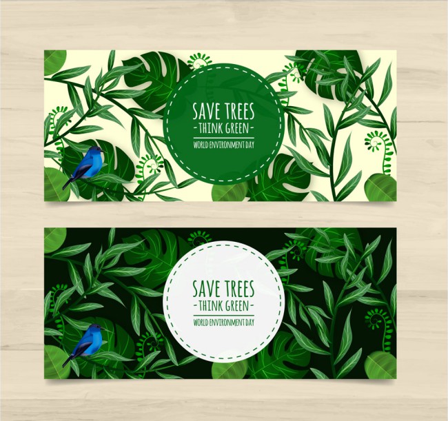 2款彩绘世界环境日树叶和蓝色鸟banner矢量图普贤居素材网精选