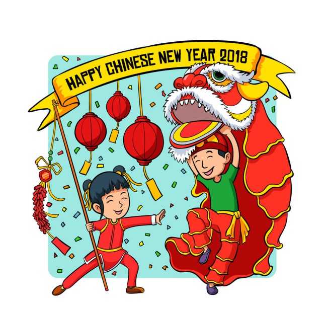 彩绘舞狮男孩和放鞭炮的女孩矢量图素材中国网精选