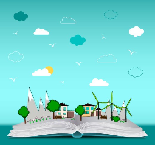 书本中的绿色城市插画矢量图素材天