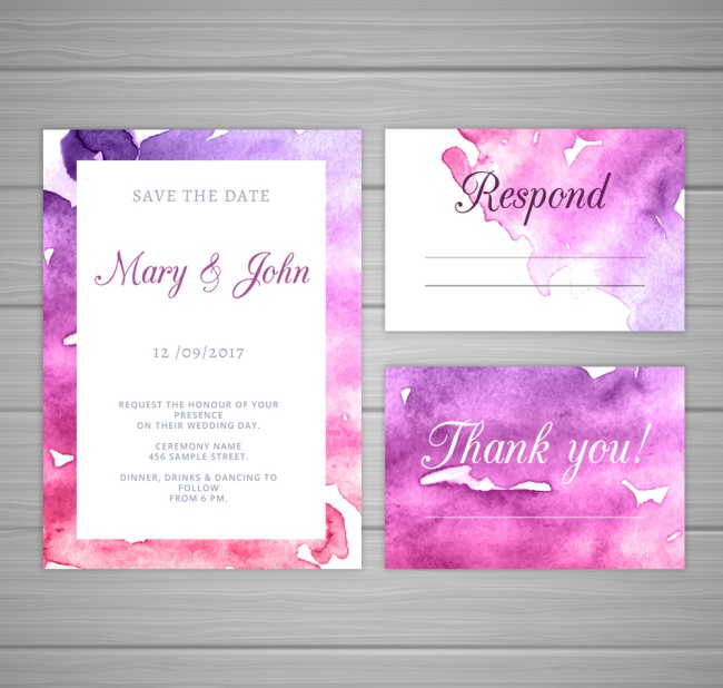 3款紫色水彩绘婚礼邀请卡矢量图16素材网精选