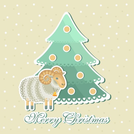 复古绵羊与圣诞树卡片矢量素材16设计网精选