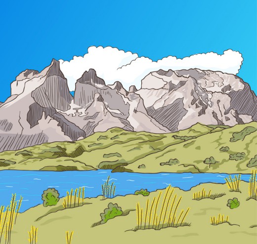 彩绘山与河流风景矢量素材16设计网精选