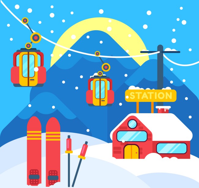 卡通夜晚滑雪场风景矢量素材16设计网精选