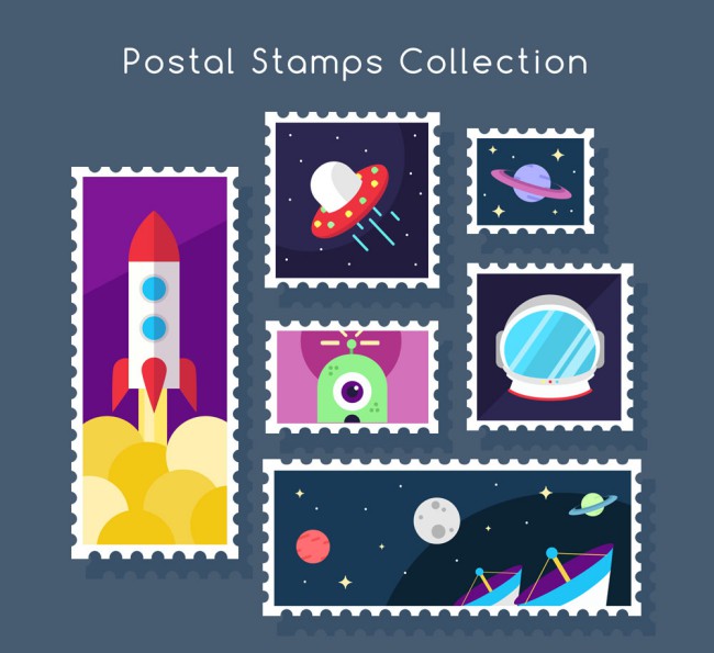 6款创意太空元素邮票矢量图普贤居素材网精选