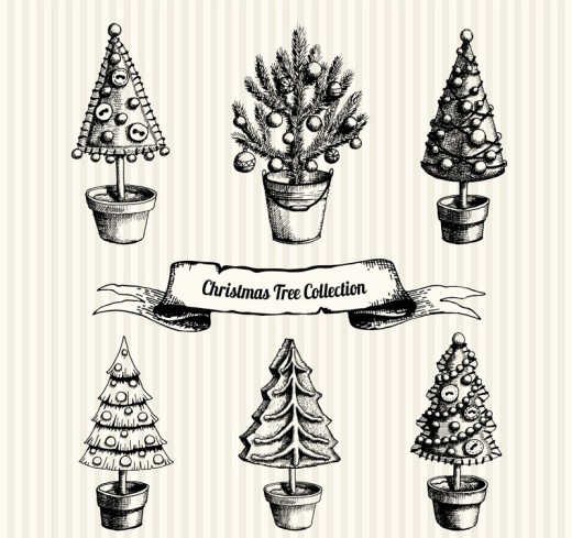 6款手绘圣诞树盆栽矢量素材普贤居素材网精选