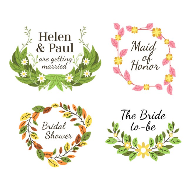 4款彩色树叶和花卉婚礼标签矢量图素材天下精选