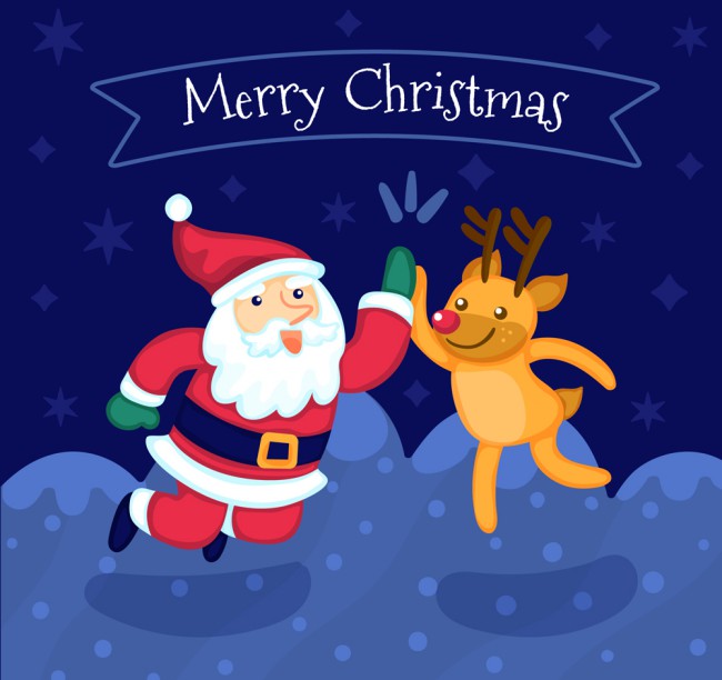 可爱拍手的圣诞老人和驯鹿矢量图普
