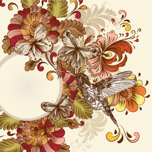 彩绘复古蜂鸟花卉背景矢量素材16设