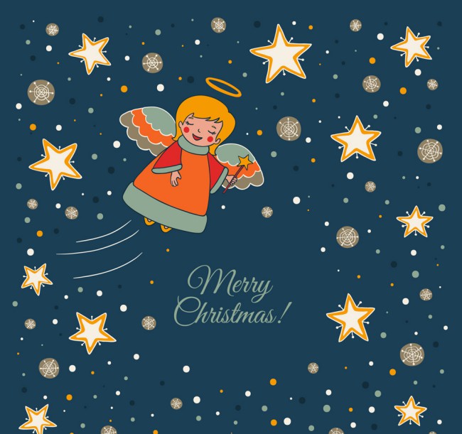 彩绘夜空中的圣诞天使和星星矢量图16图库网精选
