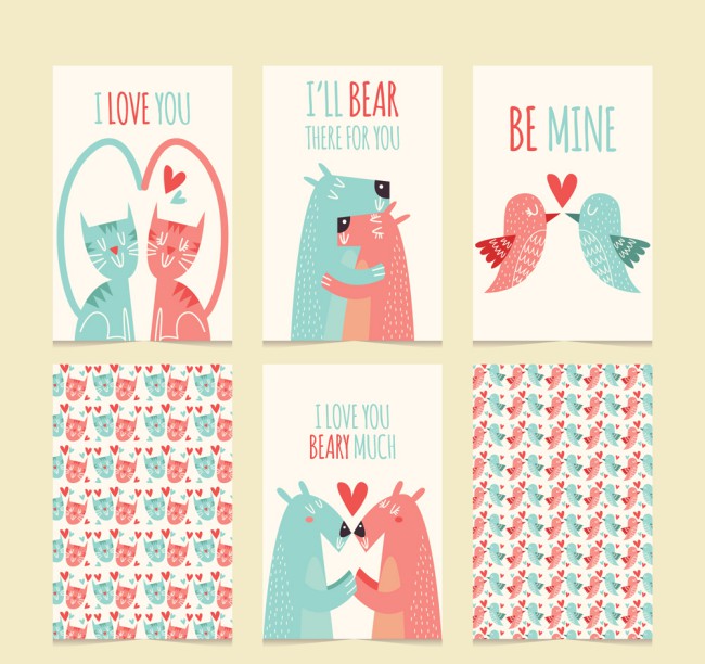 6款彩绘情人节动物卡片矢量素材普贤居素材网精选