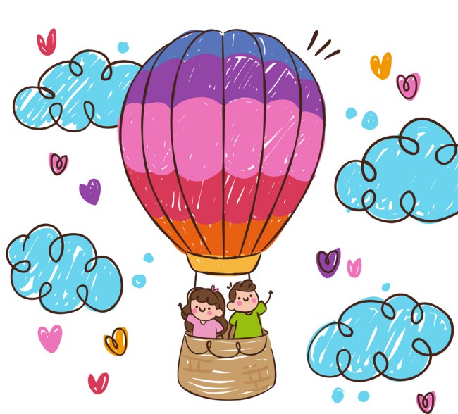 彩绘搭乘热气球的情侣矢量图普贤居素材网精选