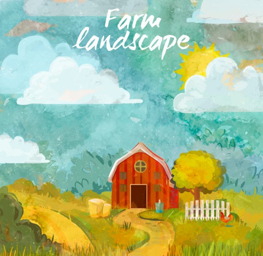 水彩绘美丽农场小屋风景矢量素材16设计网精选