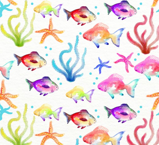 水彩绘水草海星和鱼无缝背景矢量图16设计网精选