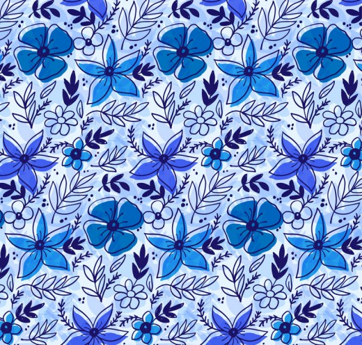 蓝色花朵和叶子无缝背景矢量图普贤