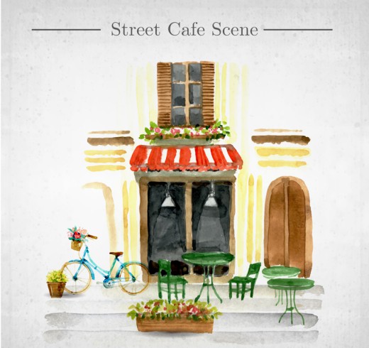 水彩绘街边咖啡店设计矢量素材16素材网精选