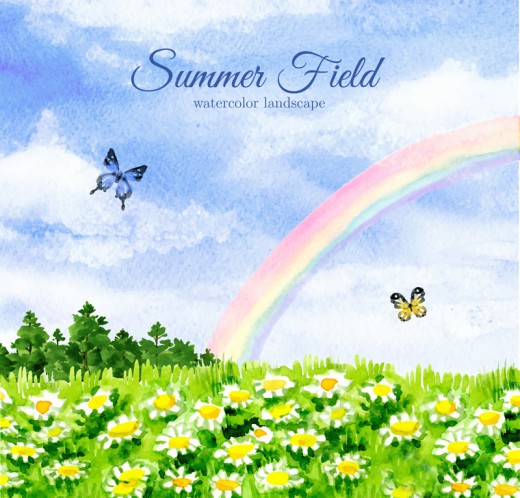 开满鲜花的夏季原野和彩虹风景矢量素材素材天下精选