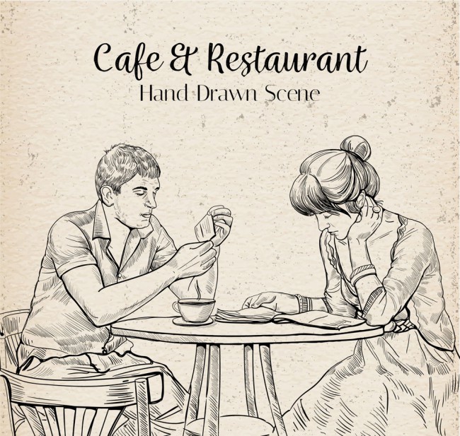 手绘咖啡店用餐的男女矢量素材16图库网精选