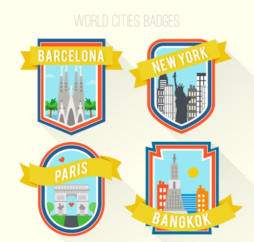 4个彩色旅行城市标签矢量素材素材