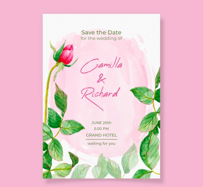 彩绘单枝玫瑰婚礼邀请卡矢量素材16设计网精选