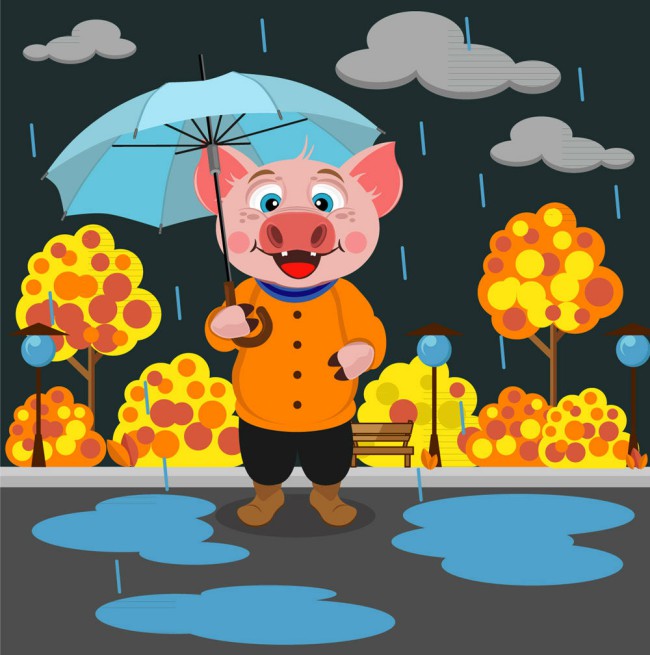 卡通雨中撑伞的猪矢量素材16素材网精选