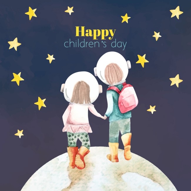 彩绘儿童节月球探险的男孩女孩矢量图普贤居素材网精选