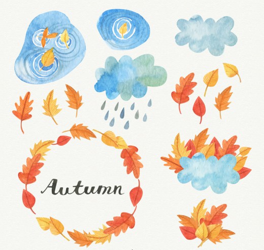 17款秋季落叶和云朵矢量素材素材天