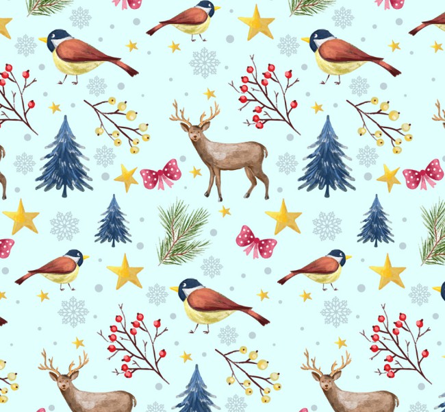 彩绘驯鹿和鸟无缝背景矢量素材16图库网精选