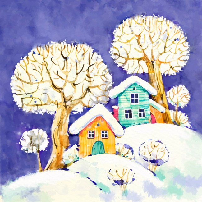 彩绘雪地上的房屋和树木风景矢量图16图库网精选